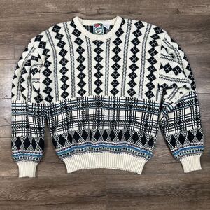Concrete Mens Size Large Vintage Knit Sweater Cream Black Geometric Retro